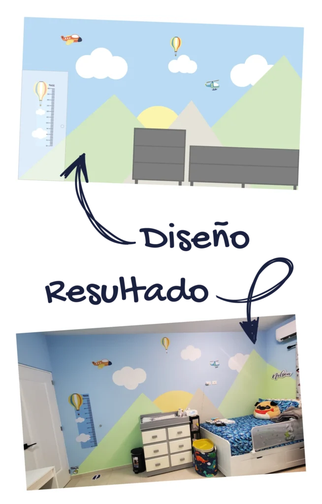 diseño y resultado de una decoración de cuarto infantil